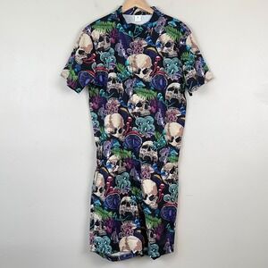 Romper Men M Goth Emo Psychedelic Alternative AOP Skull Mushroom Jumpsuit Outfit